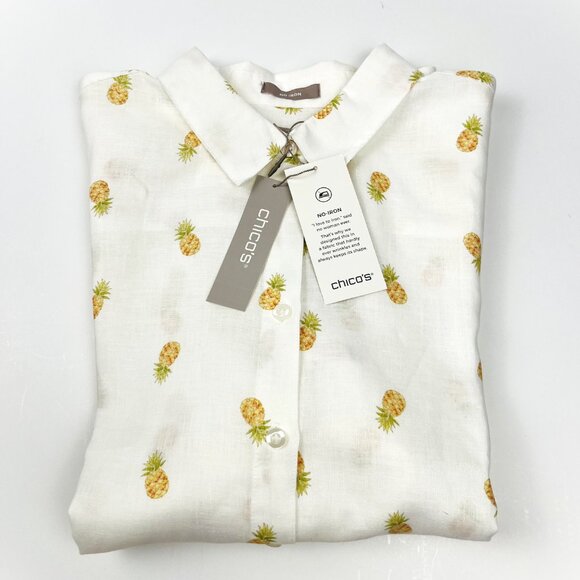 Chico’s No-Iron Linen Pineapple Print Shirt - NEW - Picture 2 of 7